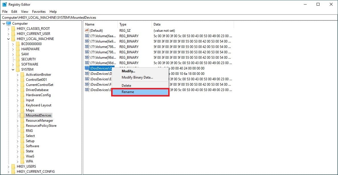 Clicking the Rename option