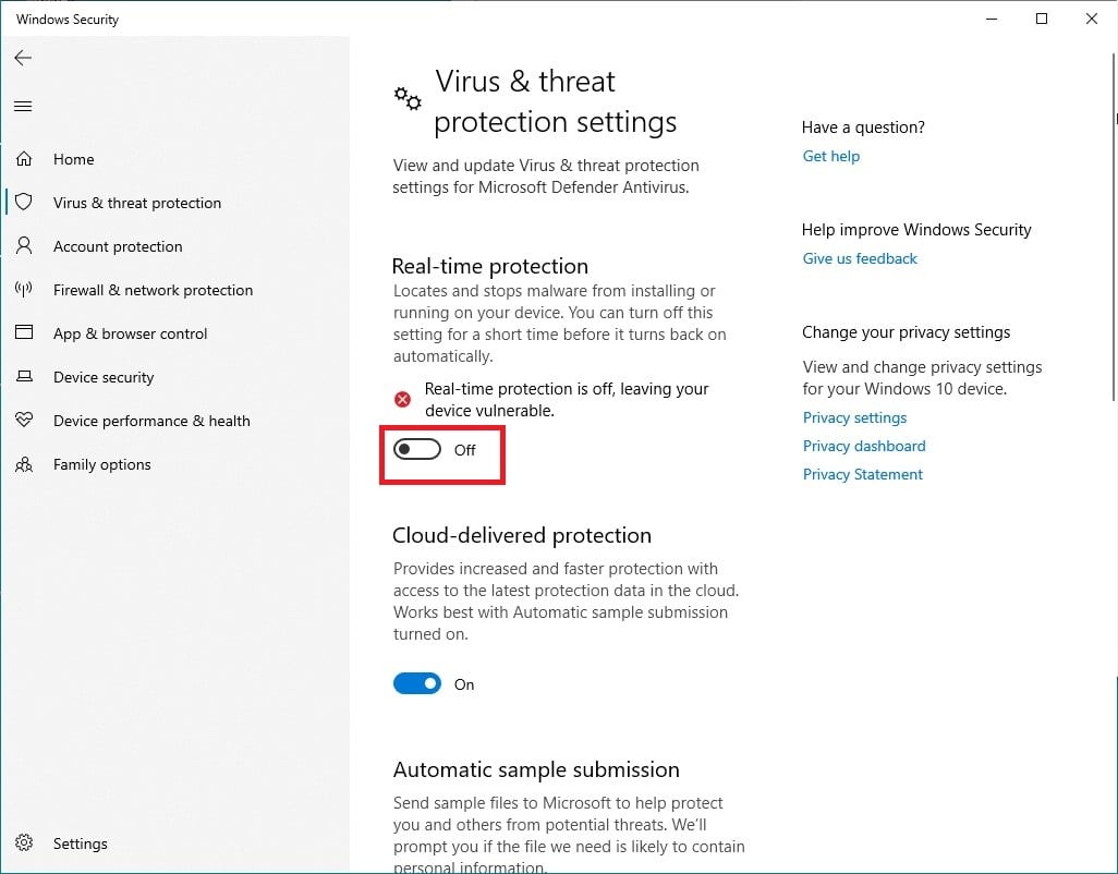 Turning off Real-time protection