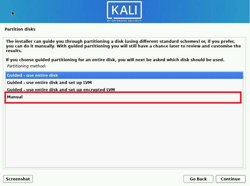 kali linux select partitioning method