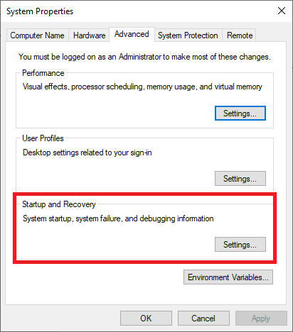 startup and recovery settings