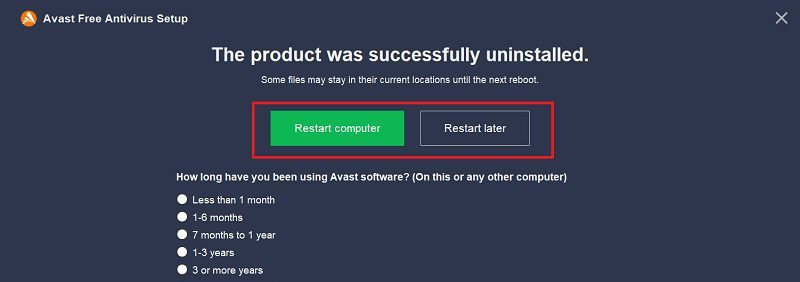 avast antivirus select restart computer option