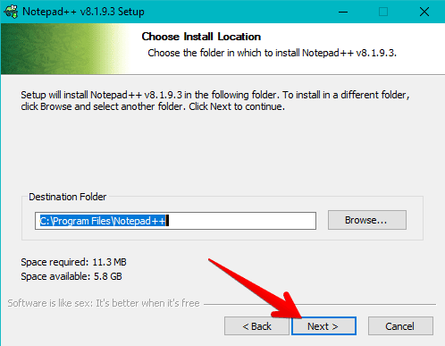 Choosing the destination folder for Notepad++