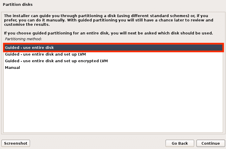 partition disks using the guided use entire disk option