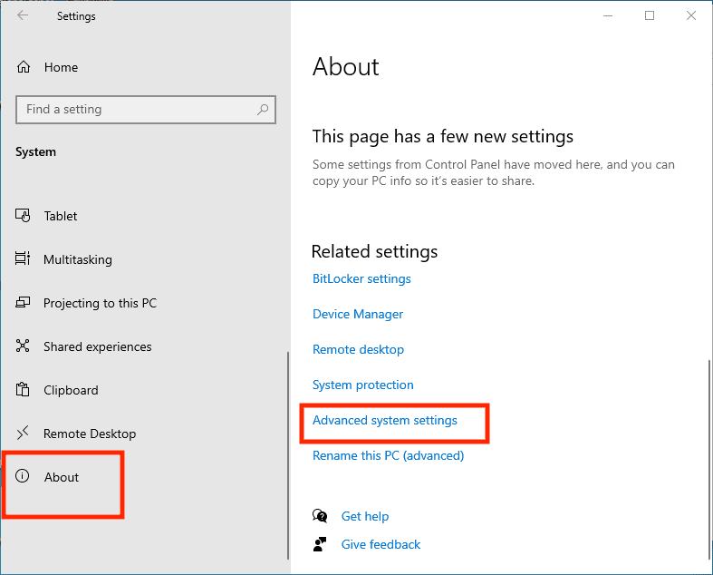 select settings, about, then advanced system settings