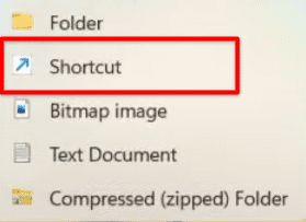 Clicking on "Shortcut"