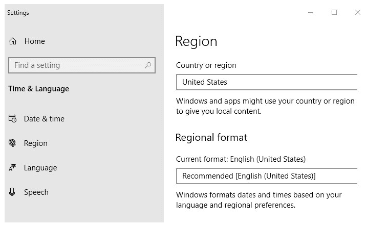 region settings