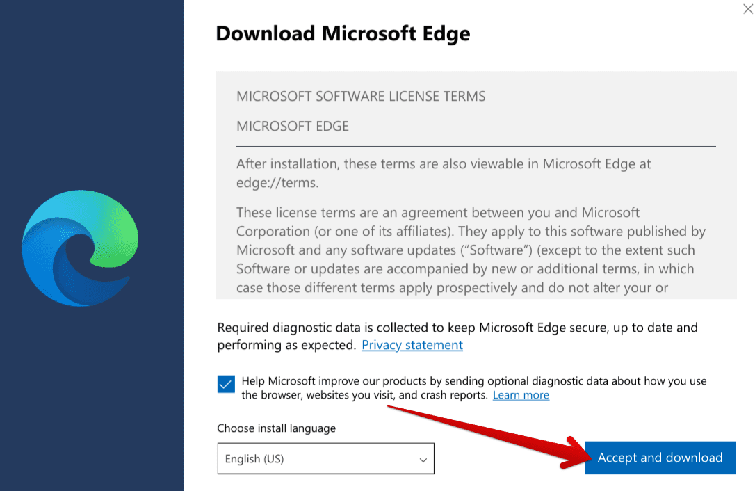 Accepting the terms for downloading and using Edge